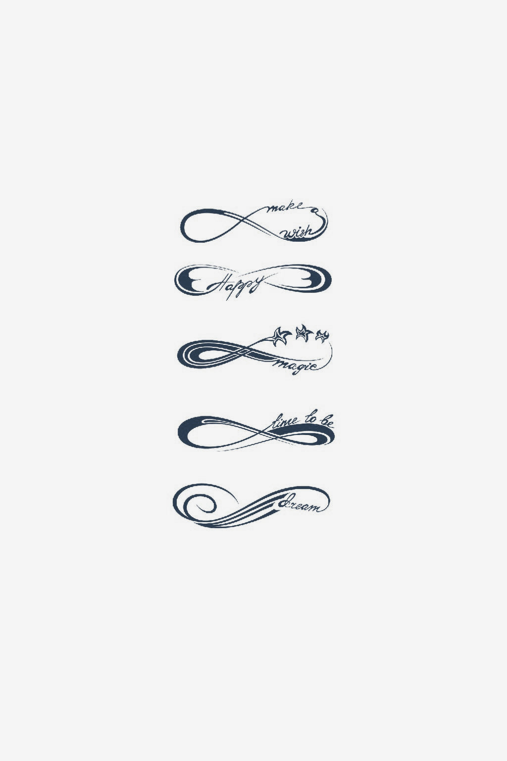 Tatuaj minimalist cu simbolul infinitului și texte scurte, realizat cu linii fine