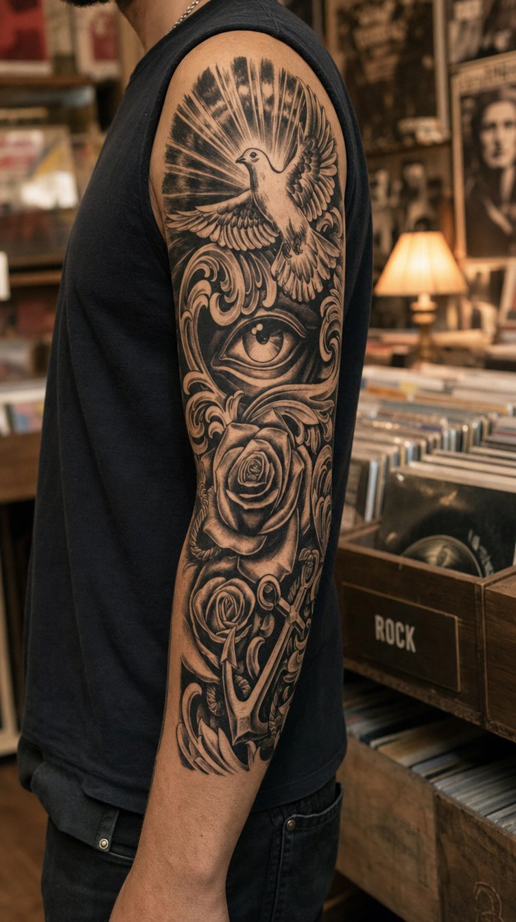Tatuaj temporar Speranta, cu un porumbel în zbor, trandafiri și o ancoră, aplicat pe piele