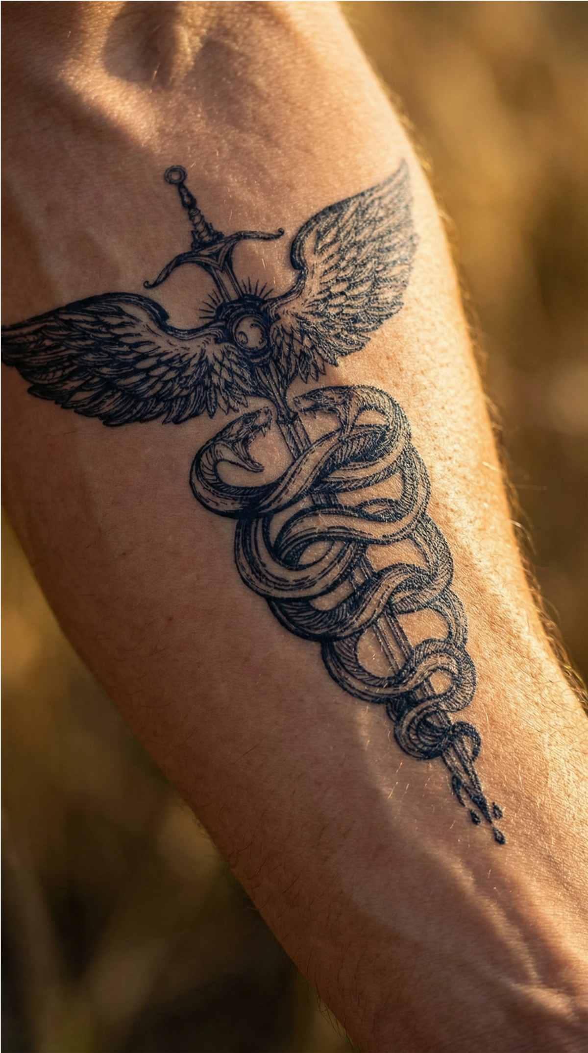 Design tatuaj temporar Putere și Vindecare, cu aripi, sabie și șerpi, de mărime medie pentru braț sau umăr