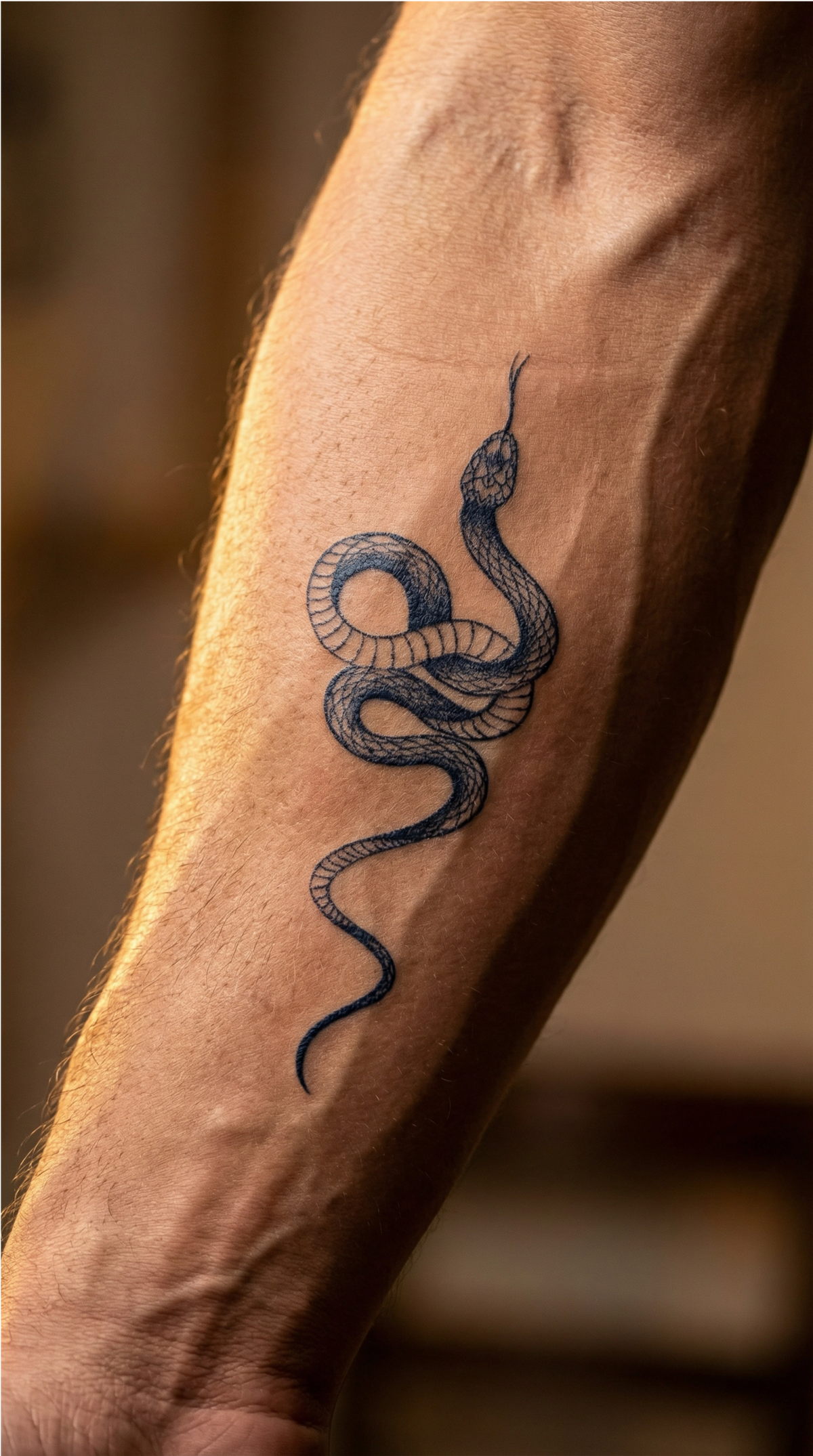 Model de tatuaj cu șarpe fine line pentru brațul superior, designul Sarpe Gratios