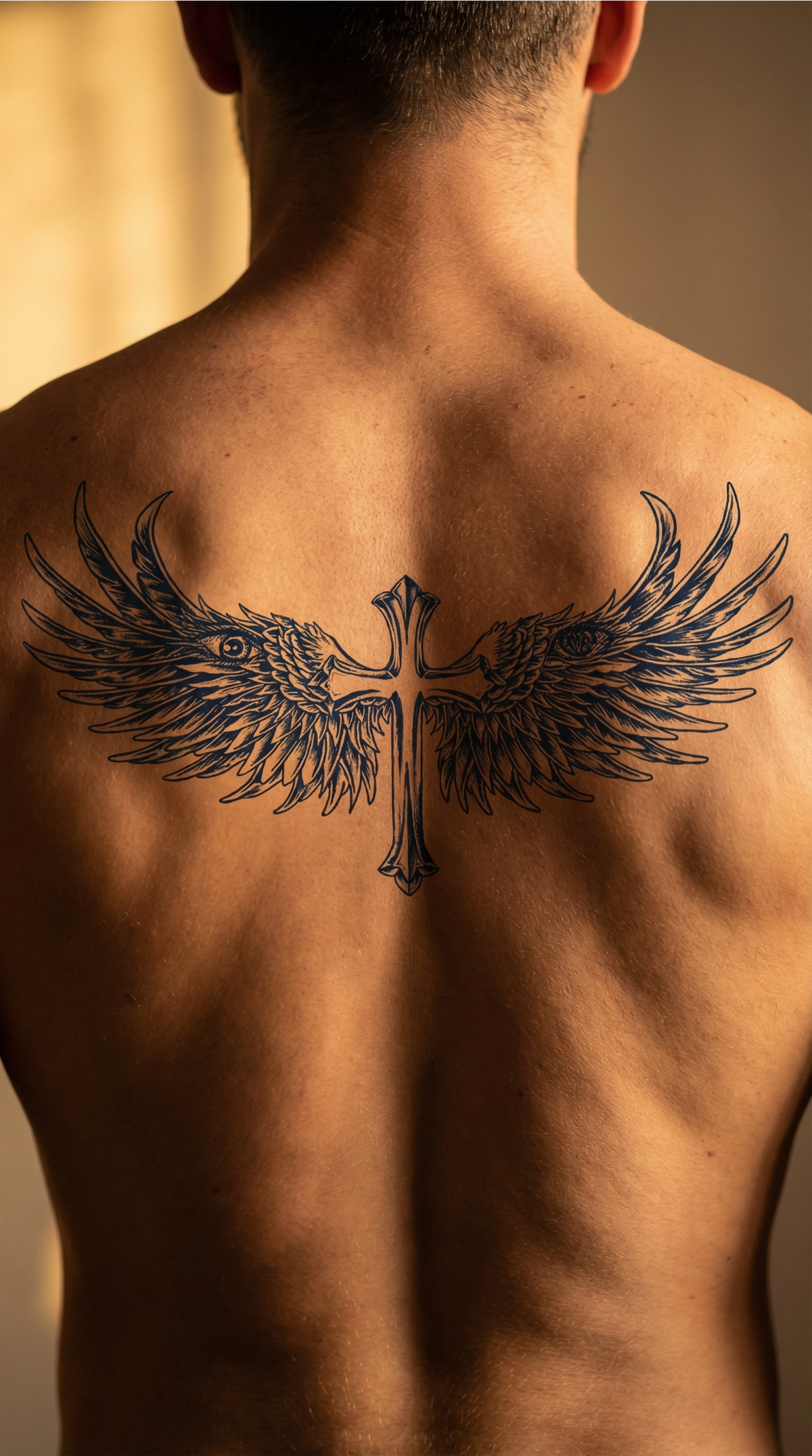Model de tatuaj semipermanent Credinta, cu aripi de înger și un ochi veghetor, aplicat pe piele